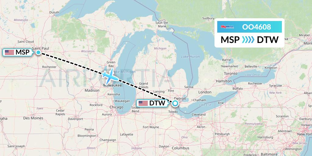 OO4608 SkyWest Airlines Flight Map: Minneapolis to Detroit