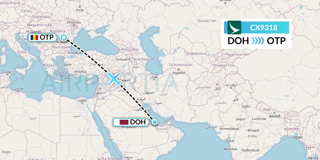 CX9318 Cathay Pacific Flight Map: Doha to Bucharest