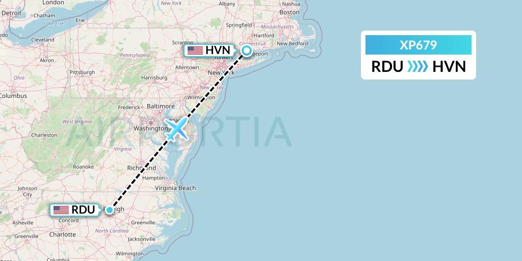 XP679 Avelo Airlines Flight Map: Raleigh-Durham to New Haven