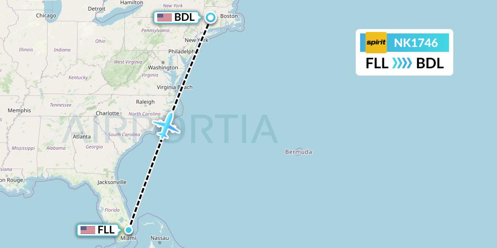NK1746 Spirit Airlines Flight Map: Fort Lauderdale to Windsor Locks