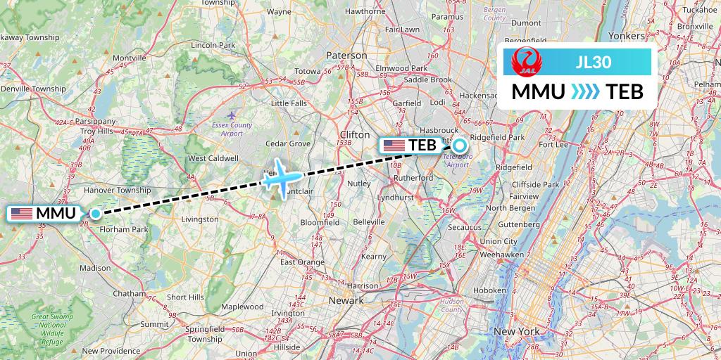 JL30 Japan Airlines Flight Map: Morristown to Teterboro