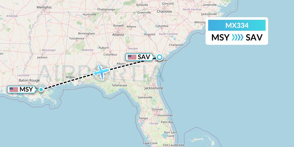 MX334 Breeze Airways Flight Map: New Orleans to Savannah