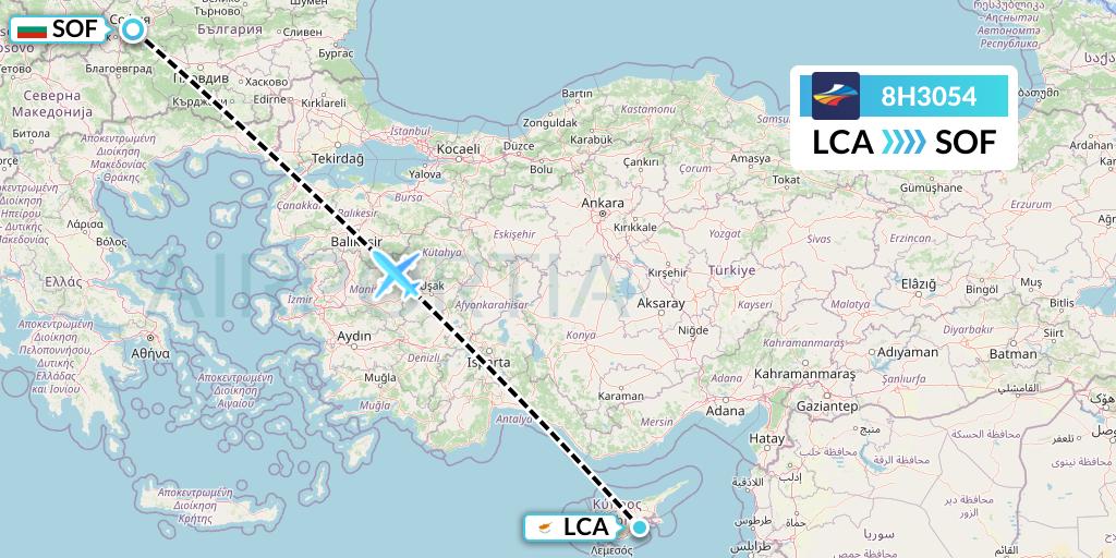 8H3054 BH Air Flight Map: Larnaca to Sofia