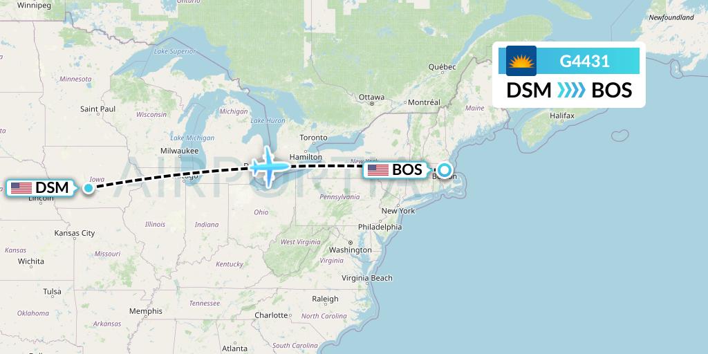 G4431 Allegiant Air Flight Map: Des Moines to Boston