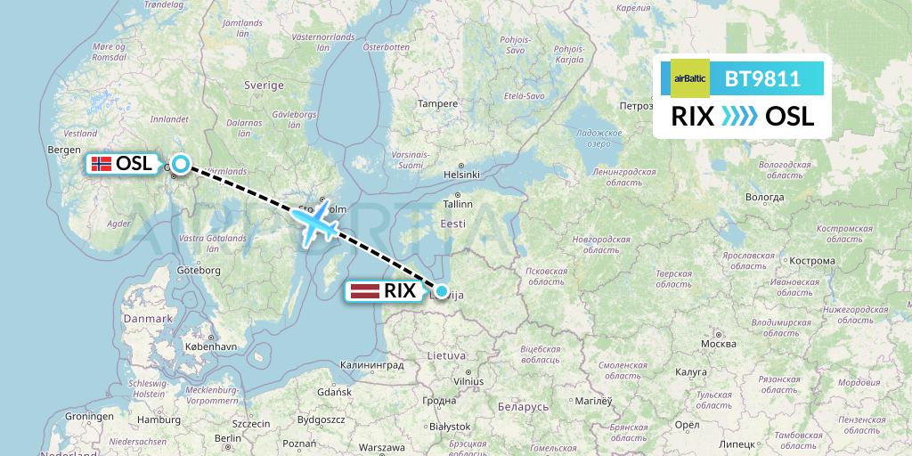 BT9811 Air Baltic Flight Map: Riga to Oslo