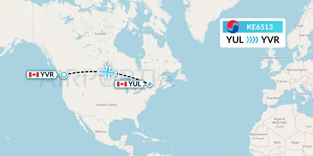 KE6513 Korean Air Flight Map: Montreal to Vancouver