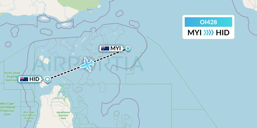 OI428 Hinterland Aviation Flight Map: Murray Island to Horn Island
