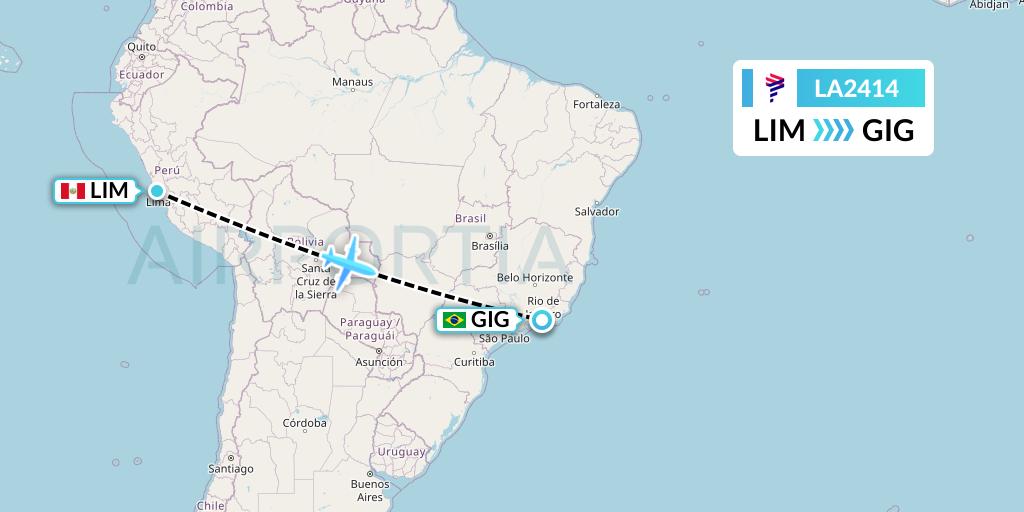 LA2414 LAN Airlines Flight Map: Lima to Rio de Janeiro