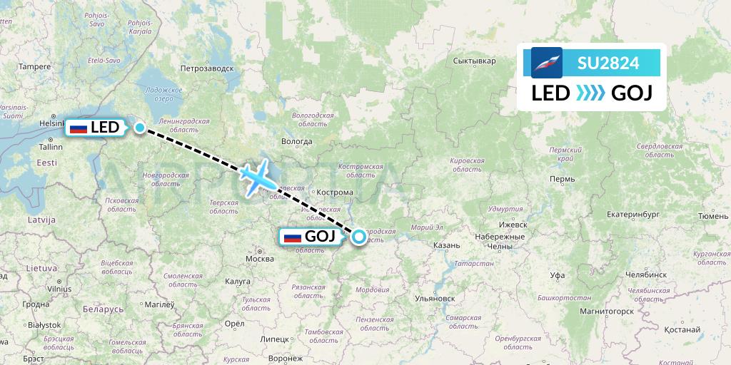 SU2824 Aeroflot Flight Map: St. Petersburg to Nizhny Novgorod