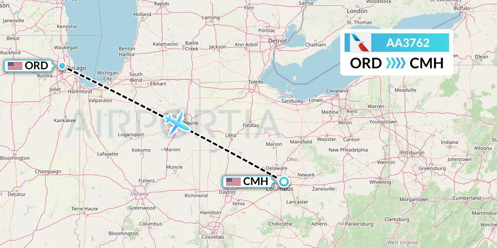 AA3762 American Airlines Flight Map: Chicago to Columbus