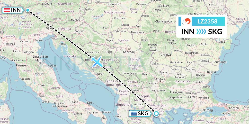 LZ2358 Air Link Flight Map: Innsbruck to Thessaloniki