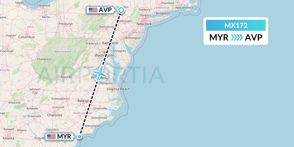MX172 Breeze Airways Flight Map: Myrtle Beach to Avoca