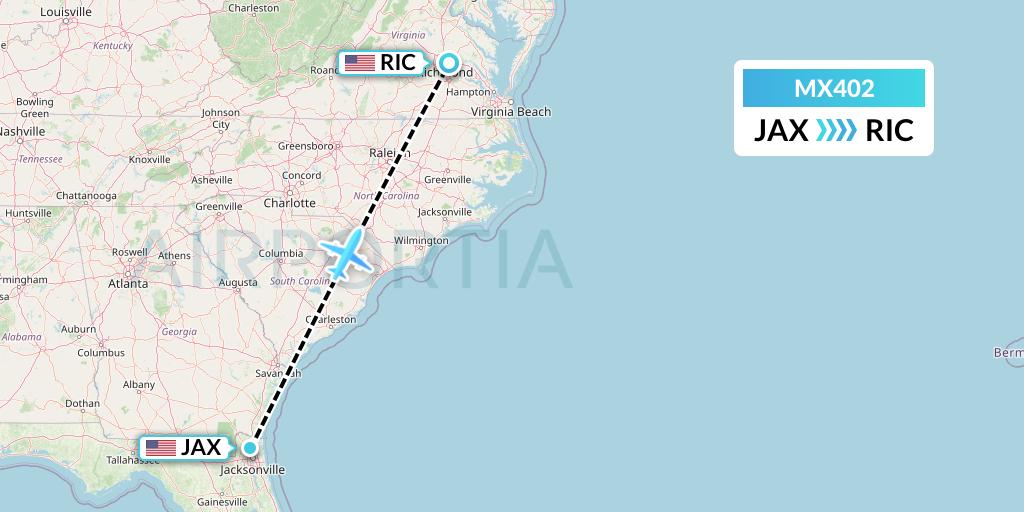 MX402 Breeze Airways Flight Map: Jacksonville to Richmond