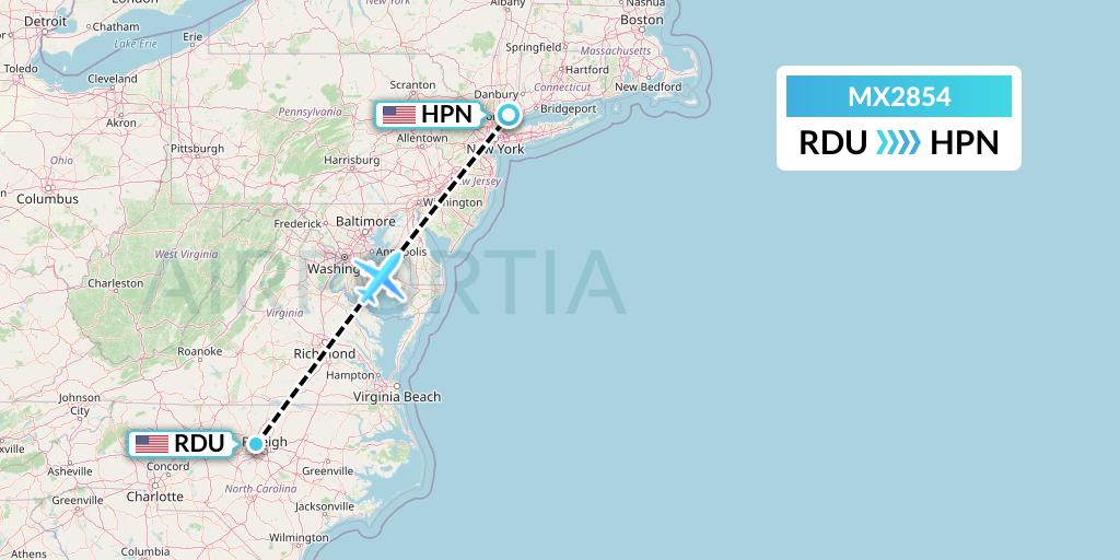 MX2854 Breeze Airways Flight Map: Raleigh-Durham to White Plains