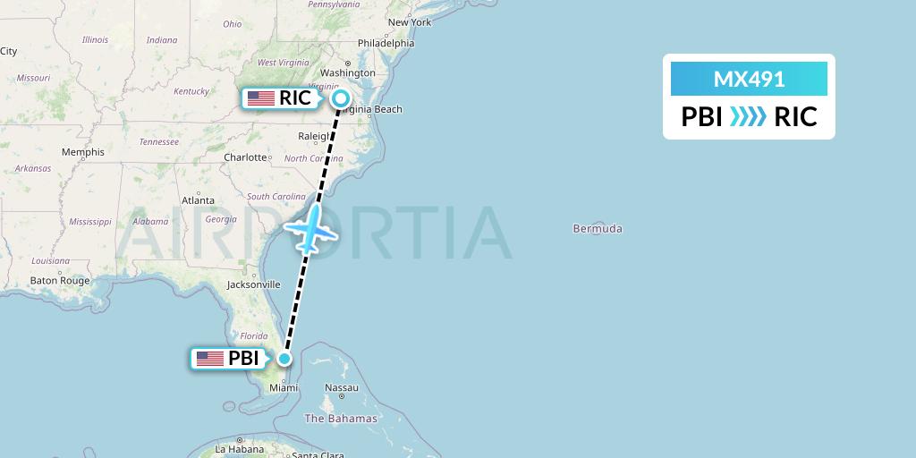 MX491 Breeze Airways Flight Map: West Palm Beach to Richmond