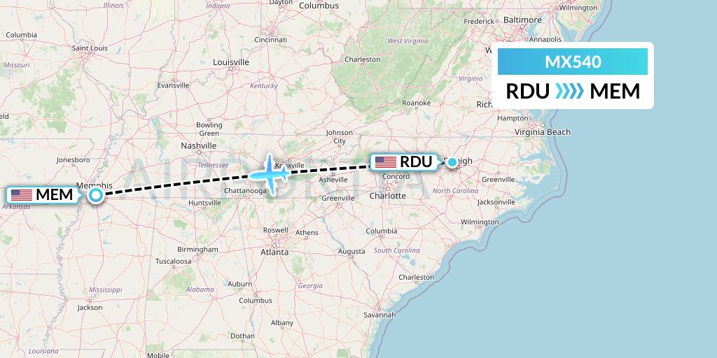 MX540 Breeze Airways Flight Map: Raleigh-Durham to Memphis