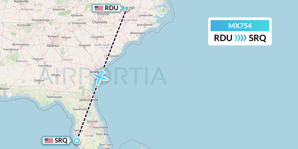 MX754 Breeze Airways Flight Map: Raleigh-Durham to Sarasota