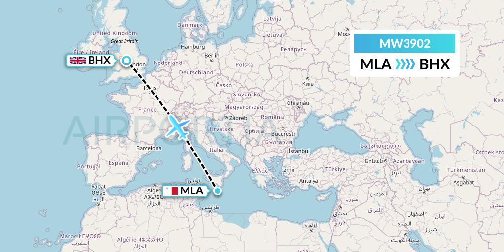 MW3902 Mokulele Flight Service Flight Map: Malta to Birmingham