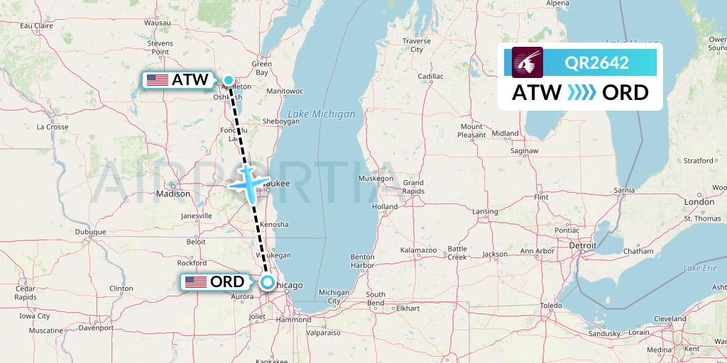 QR2642 Qatar Airways Flight Map: Appleton to Chicago