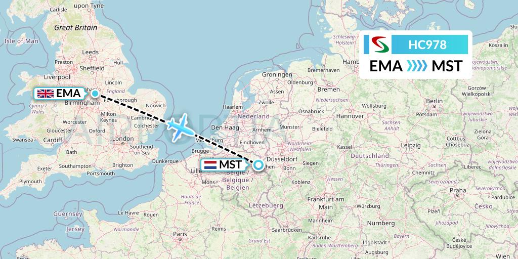 HC978 Air Senegal Flight Map: East Midlands to Maastricht
