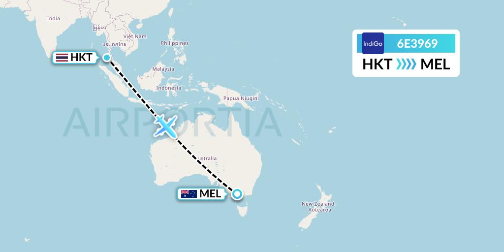 6E3969 IndiGo Airlines Flight Map: Phuket to Melbourne