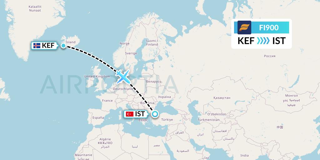 FI900 Icelandair Flight Map: Reykjavik to Istanbul