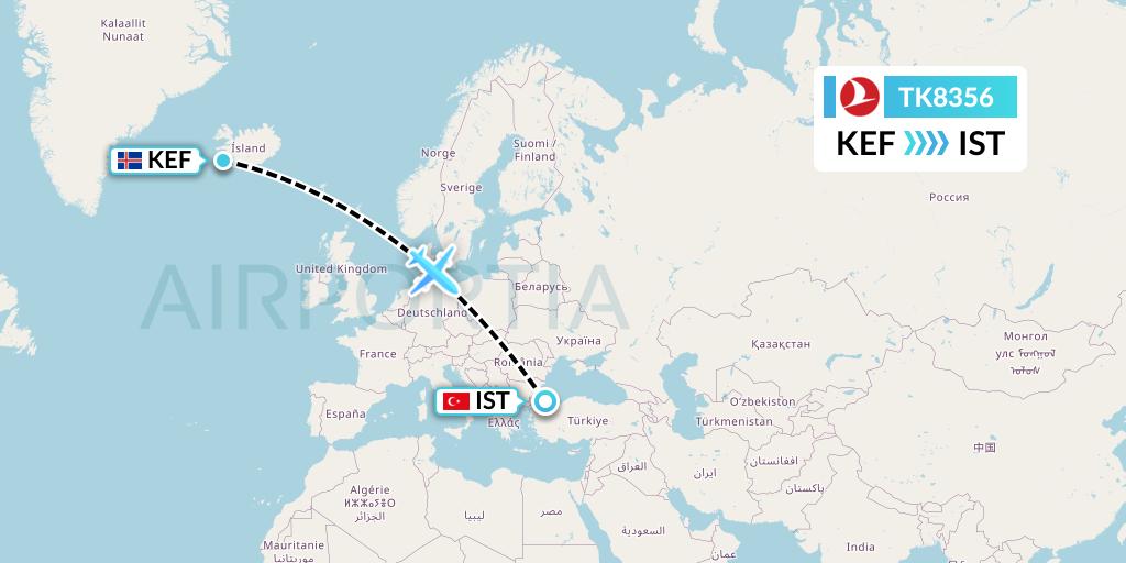 TK8356 Turkish Airlines Flight Map: Reykjavik to Istanbul
