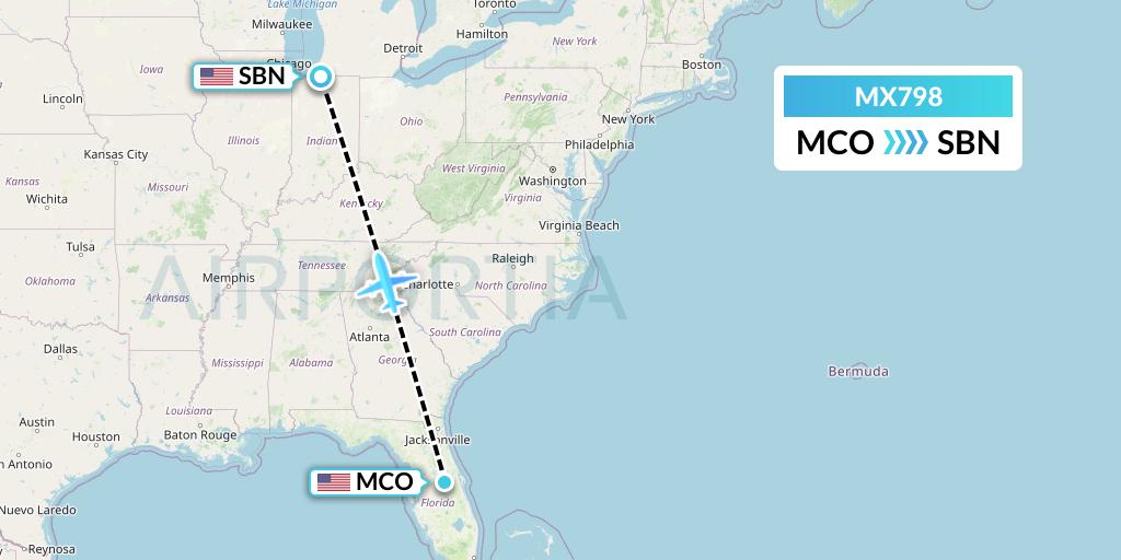 MX798 Breeze Airways Flight Map: Orlando to South Bend