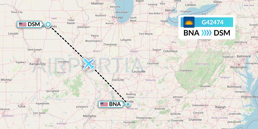 G42474 Allegiant Air Flight Map: Nashville to Des Moines