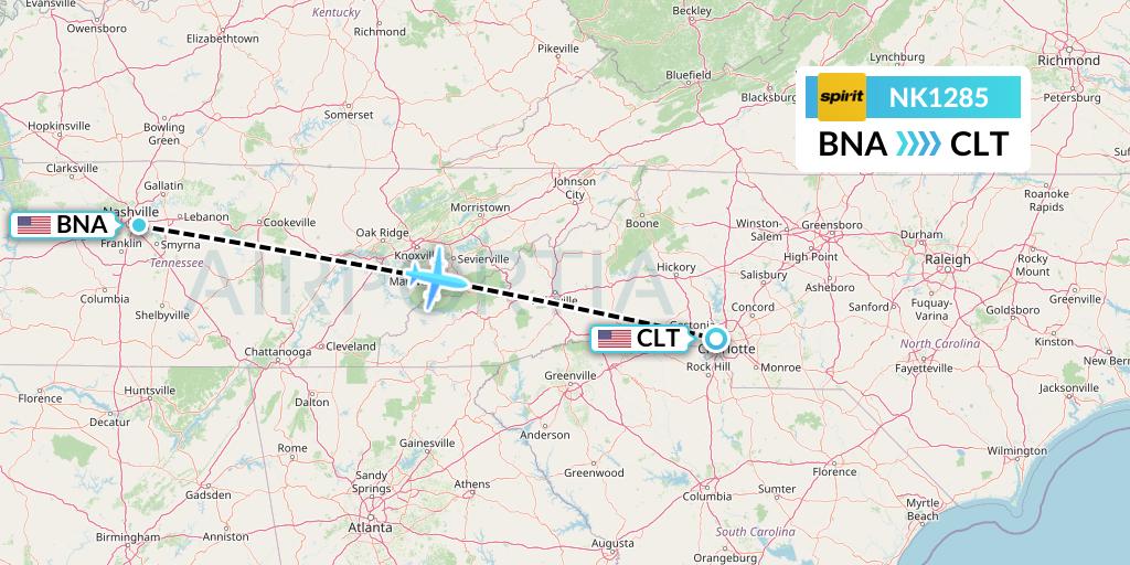 NK1285 Spirit Airlines Flight Map: Nashville to Charlotte