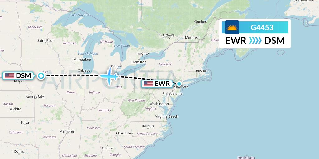 G4453 Allegiant Air Flight Map: New York to Des Moines