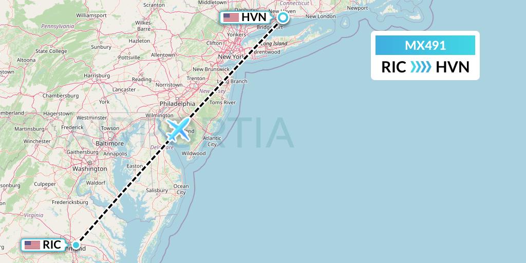 MX491 Breeze Airways Flight Map: Richmond to New Haven