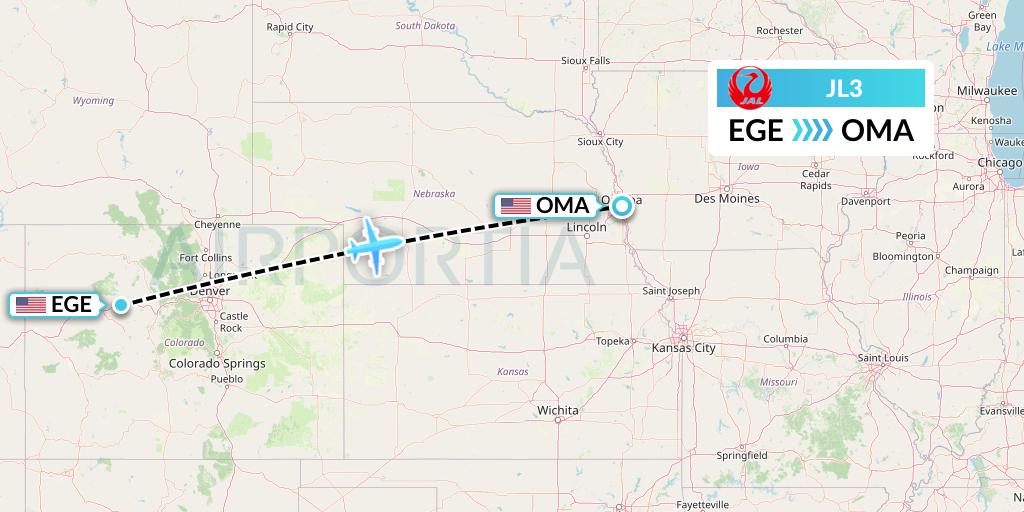 JL3 Japan Airlines Flight Map: Eagle to Omaha