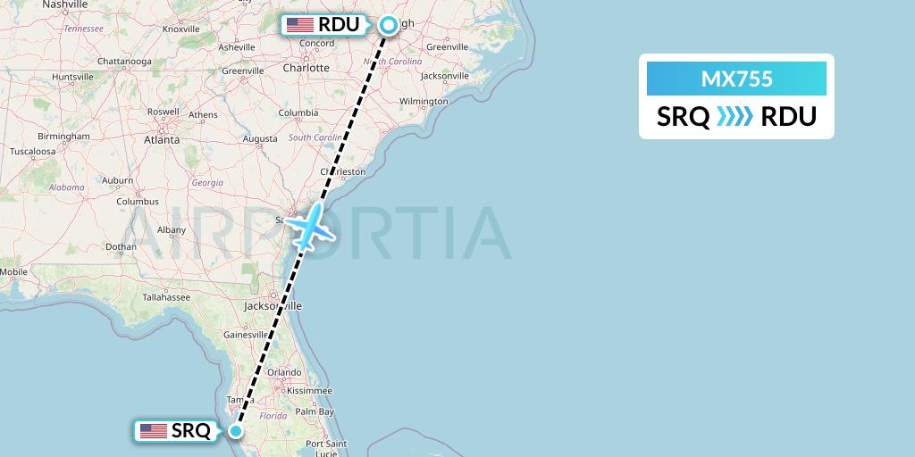 MX755 Breeze Airways Flight Map: Sarasota to Raleigh-Durham