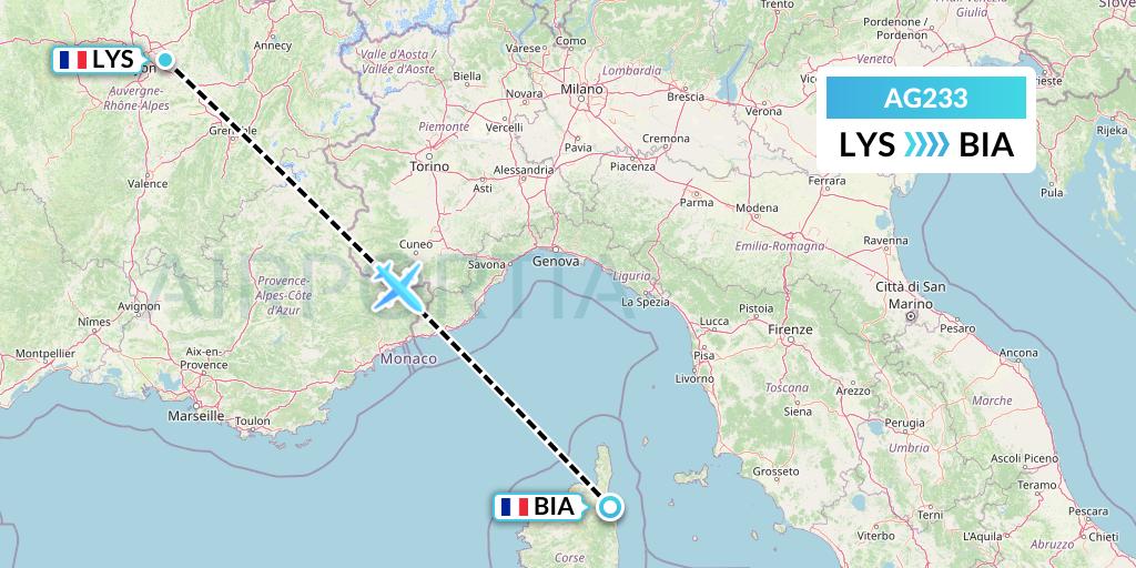 AG233 Aruba Airlines Flight Map: Lyon to Bastia