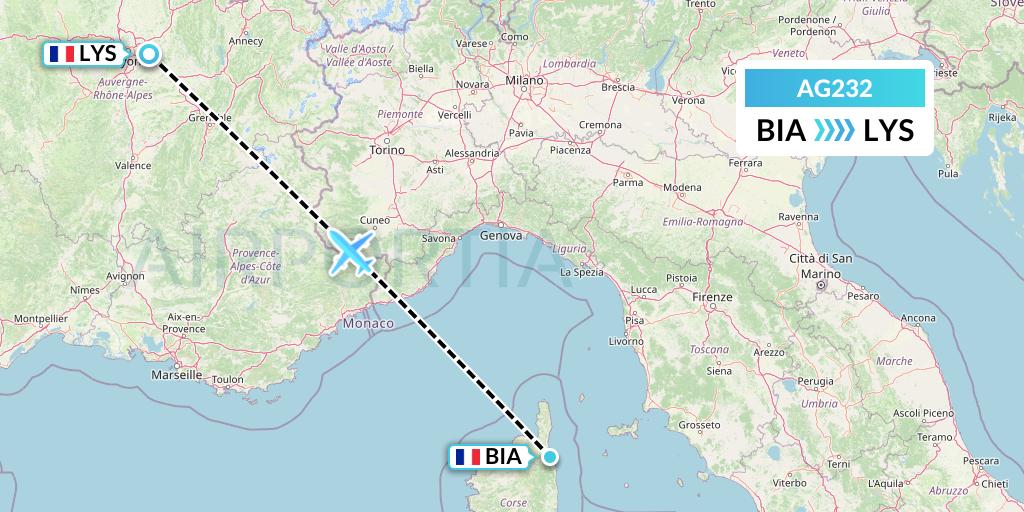 AG232 Aruba Airlines Flight Map: Bastia to Lyon