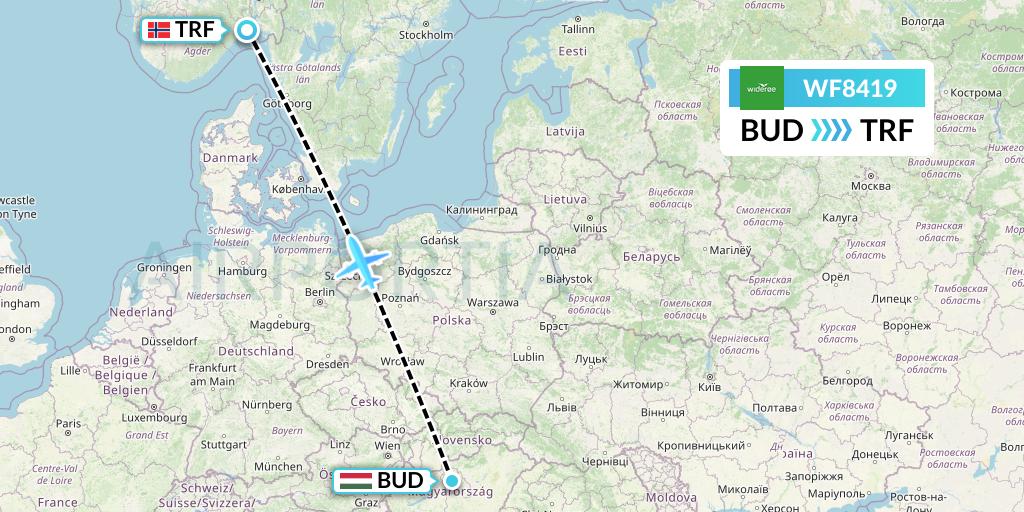 WF8419 Wideroe Flight Map: Budapest to Oslo