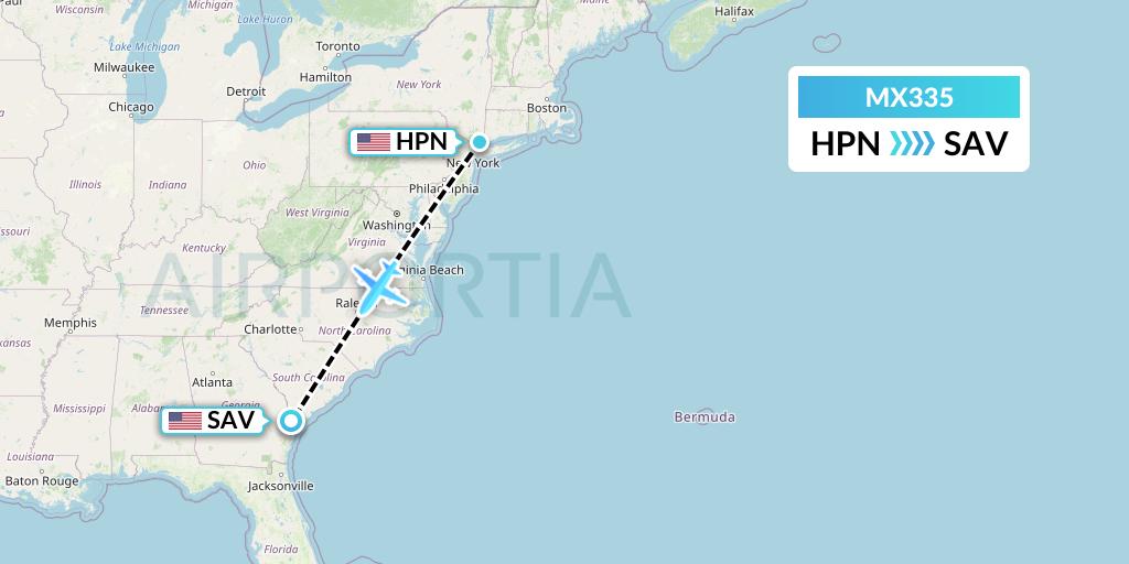 MX335 Breeze Airways Flight Map: White Plains to Savannah