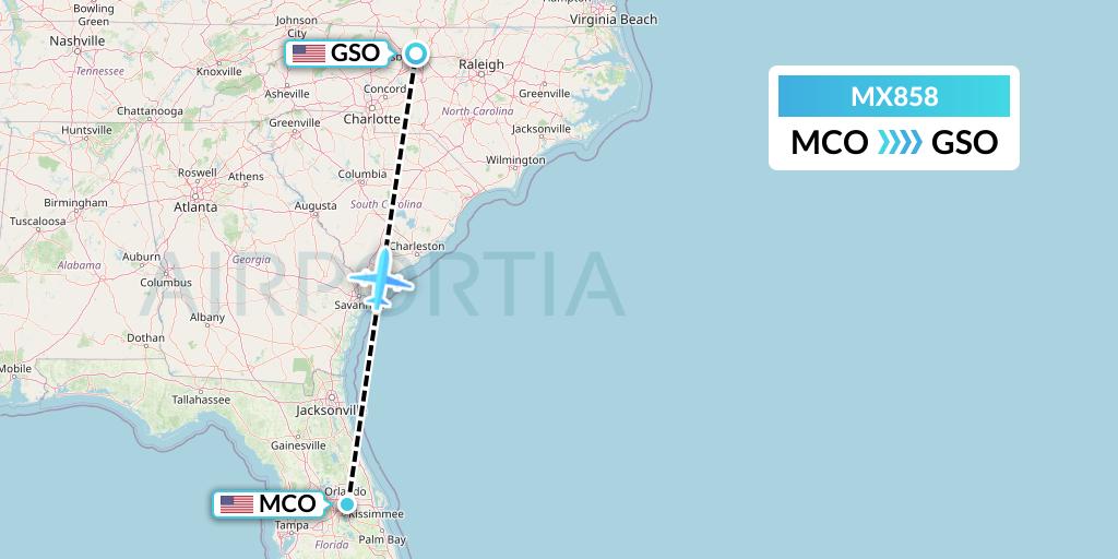 MX858 Breeze Airways Flight Map: Orlando to Greensboro