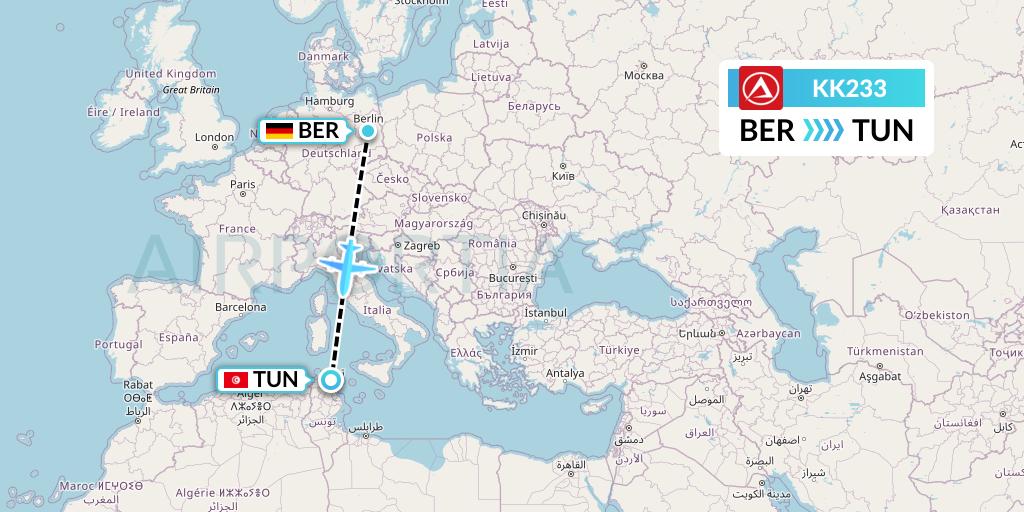 KK233 Atlasjet Flight Map: Berlin to Tunis