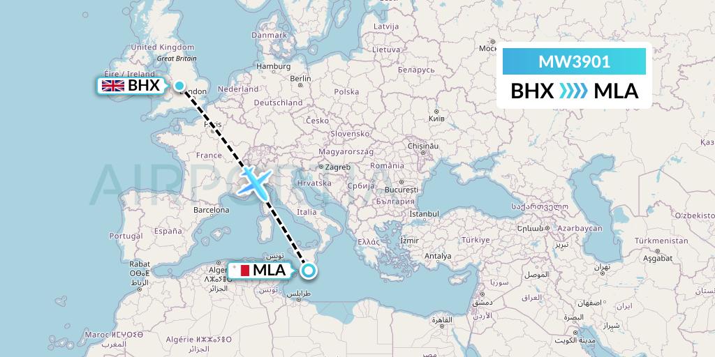 MW3901 Mokulele Flight Service Flight Map: Birmingham to Malta
