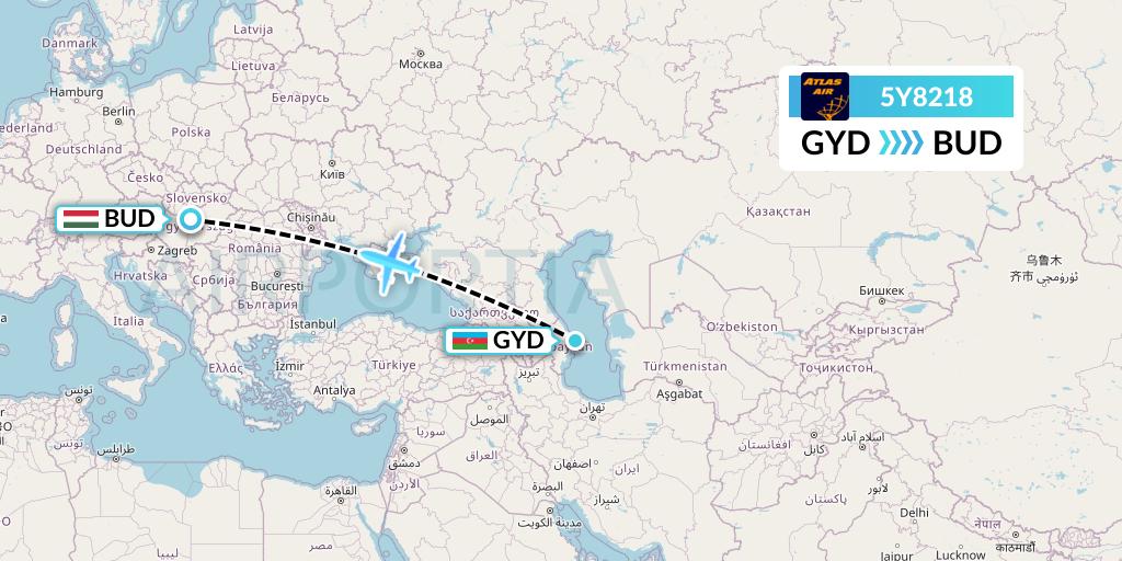5Y8218 Atlas Air Flight Map: Baku to Budapest