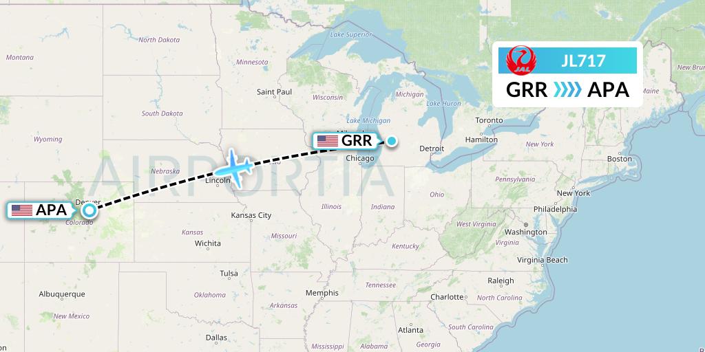 JL717 Japan Airlines Flight Map: Grand Rapids to Denver