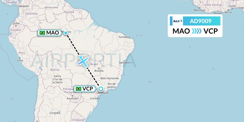 AD9009 Azul Brazilian Airlines Flight Map: Manaus to Campinas
