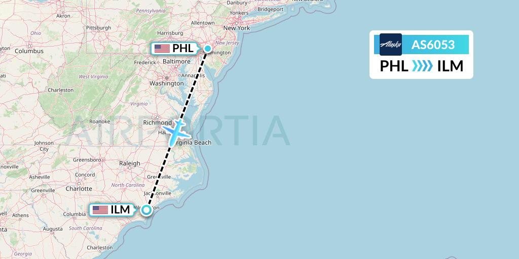 AS6053 Alaska Airlines Flight Map: Philadelphia to Wilmington