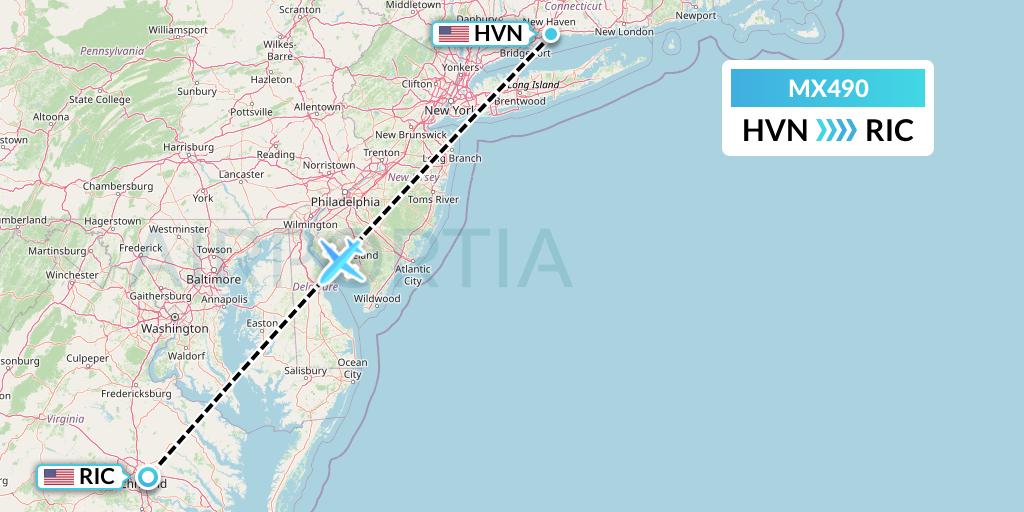 MX490 Breeze Airways Flight Map: New Haven to Richmond