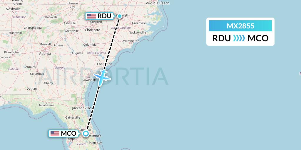 MX2855 Breeze Airways Flight Map: Raleigh-Durham to Orlando