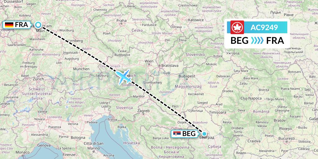 AC9249 Air Canada Flight Map: Belgrade to Frankfurt