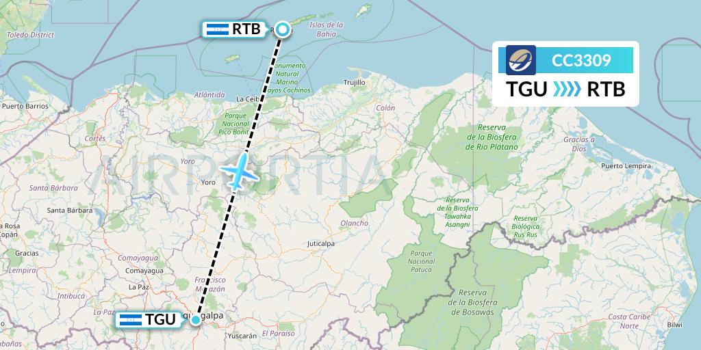 CC3309 CM Airlines Flight Map: Tegucigalpa to Roatan