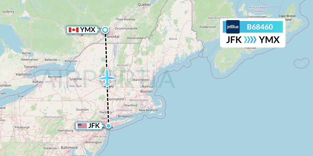 B68460 JetBlue Airways Flight Map: New York to Montreal